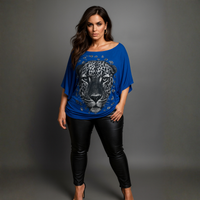 Batwing Oversized Off-Shoulder Sparkly Leopard Print Top