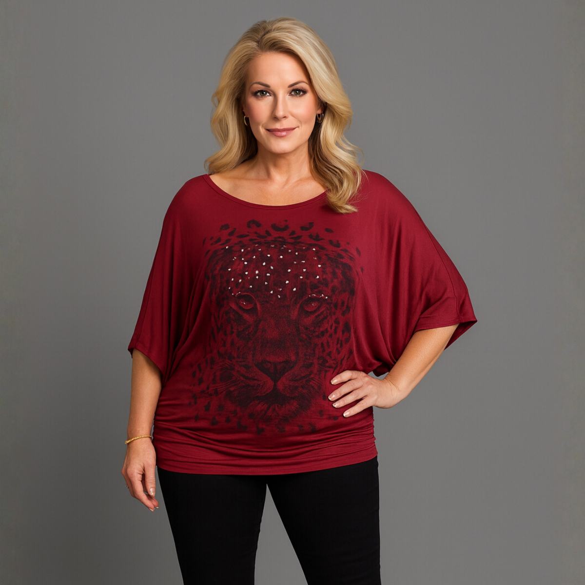 Batwing Oversized Off-Shoulder Sparkly Leopard Print Top