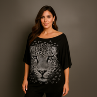 Batwing Oversized Off-Shoulder Sparkly Leopard Print Top