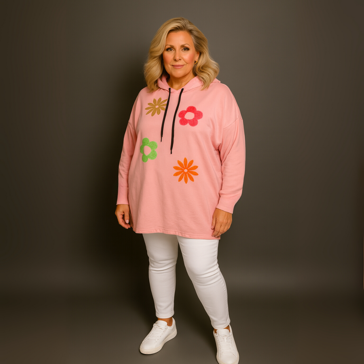 Bright Flowers to Front Long Length Hoodie