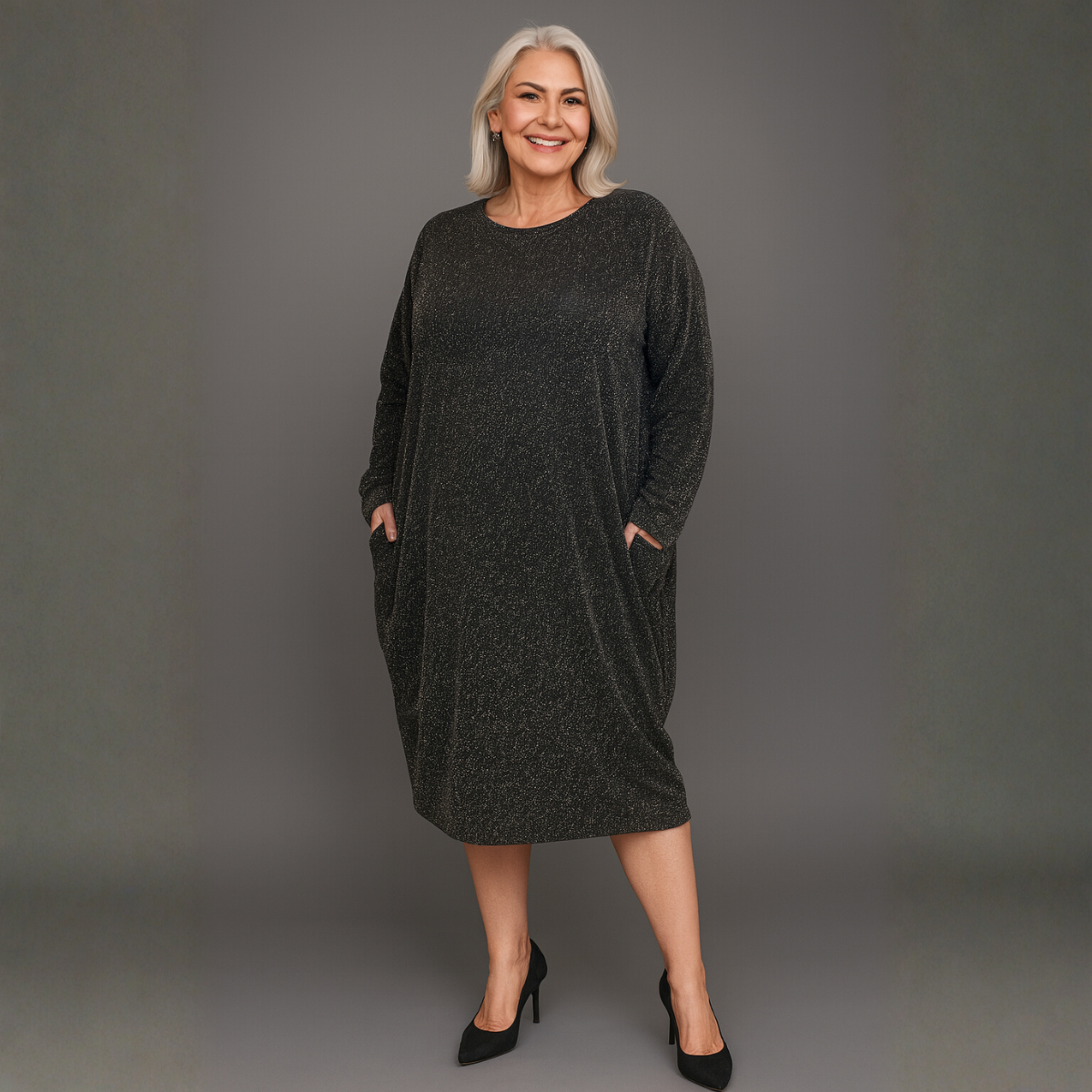 Black Silver Sparkly Pocket Dress