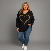 Oversized V-Neck Knitted Jumper with Gold Heart