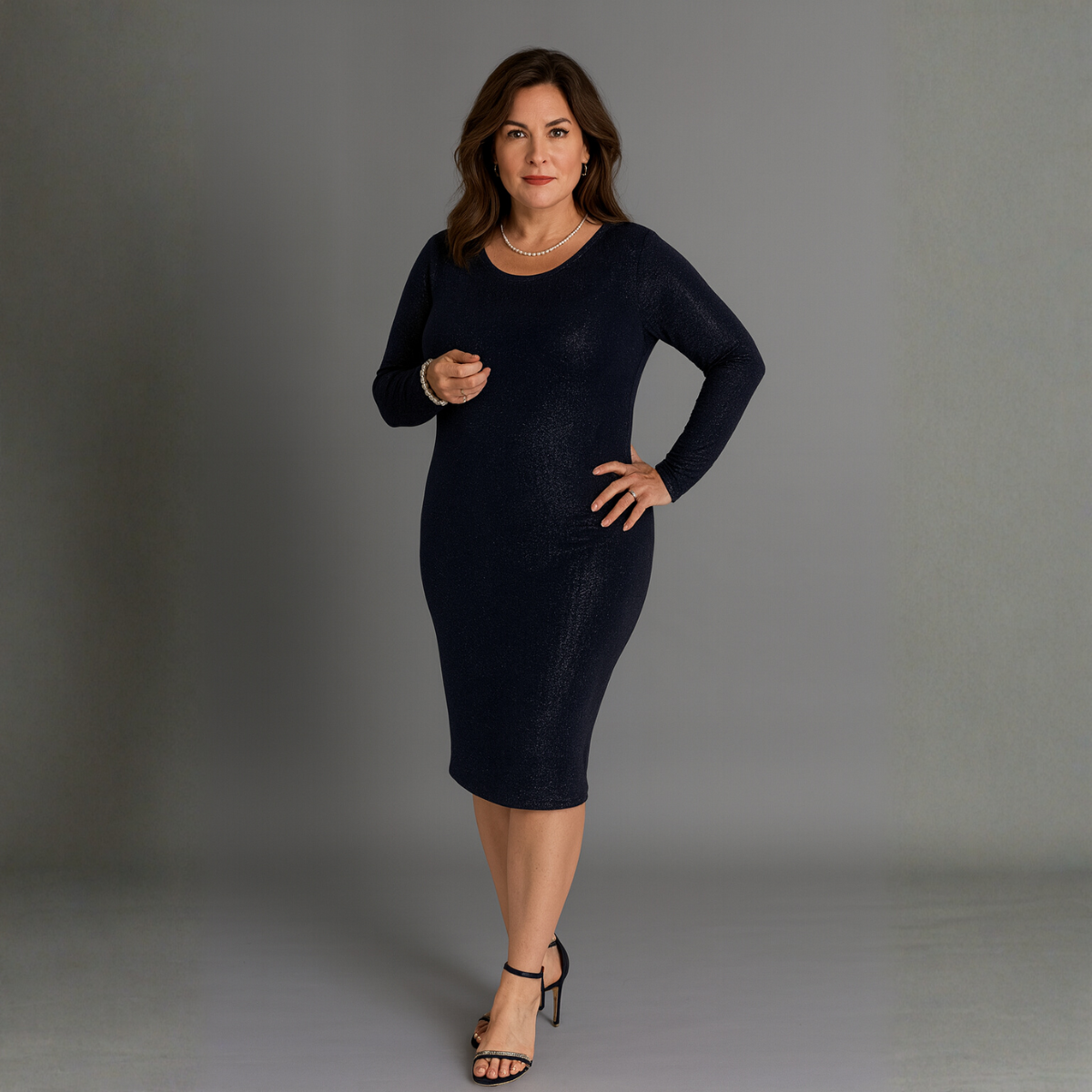 Navy Blue Sparkly Long Sleeve Midi Dress
