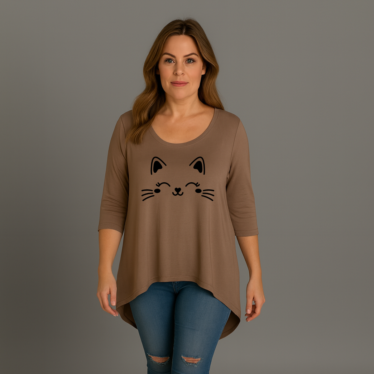 Cat Face 3/4 Sleeve Dipped Hem Top