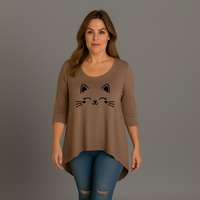Cat Face 3/4 Sleeve Dipped Hem Top