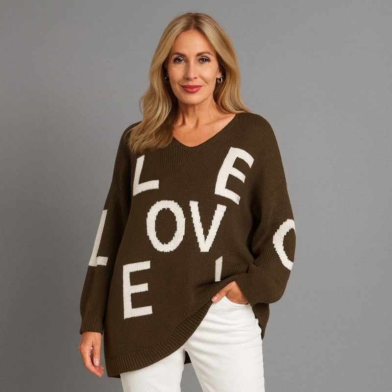 Oversized V-Neck Knitted Jumper With Love Print
