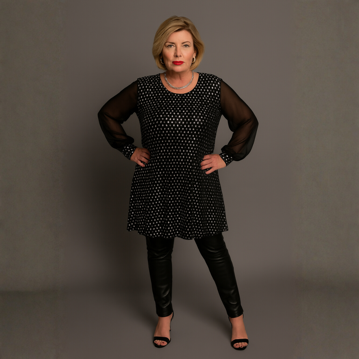 Black Chiffon Sleeve Long Top with Foil Sequins