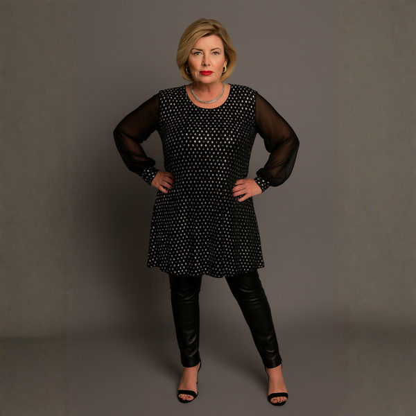 Black Chiffon Sleeve Long Top with Foil Sequins