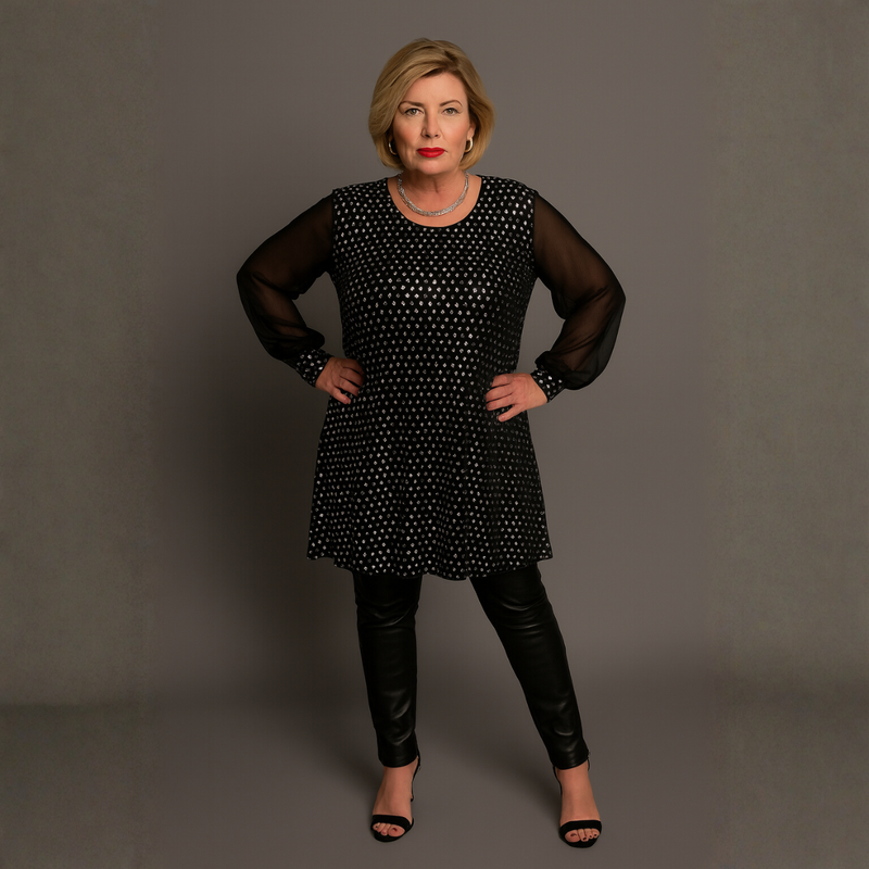 Black Chiffon Sleeve Long Top with Foil Sequins