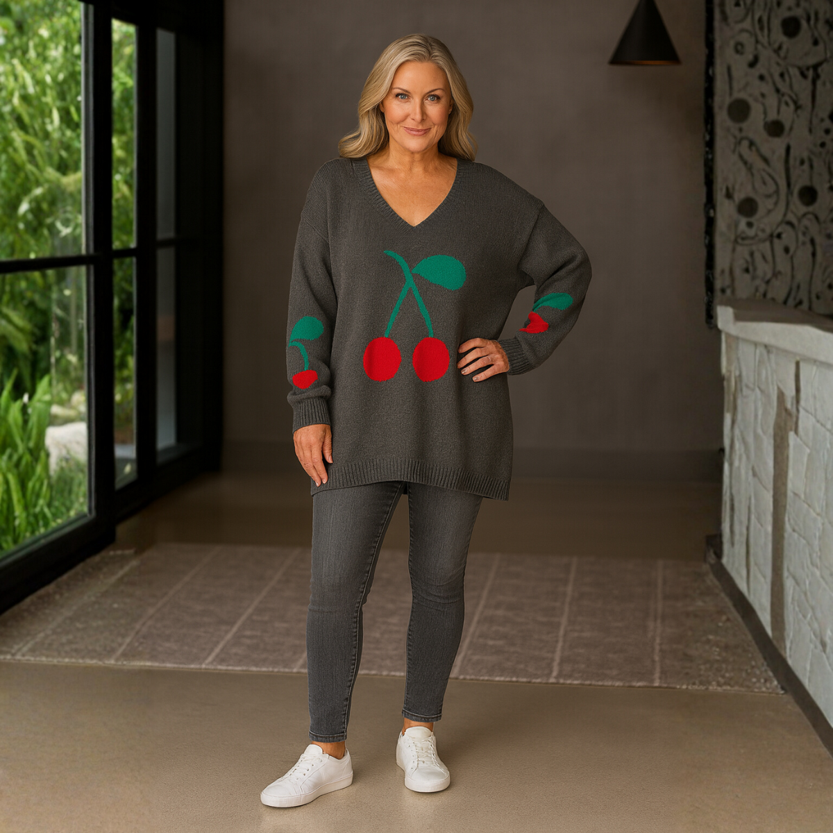 V-Neck Oversized Cherry Jumper