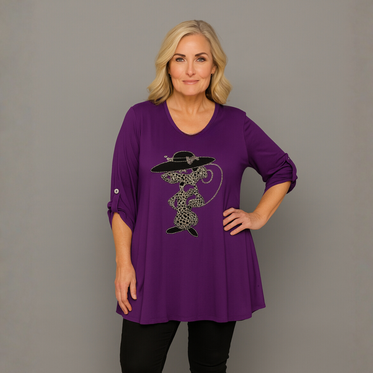 Cat in a Hat Button Sleeve Swing Top