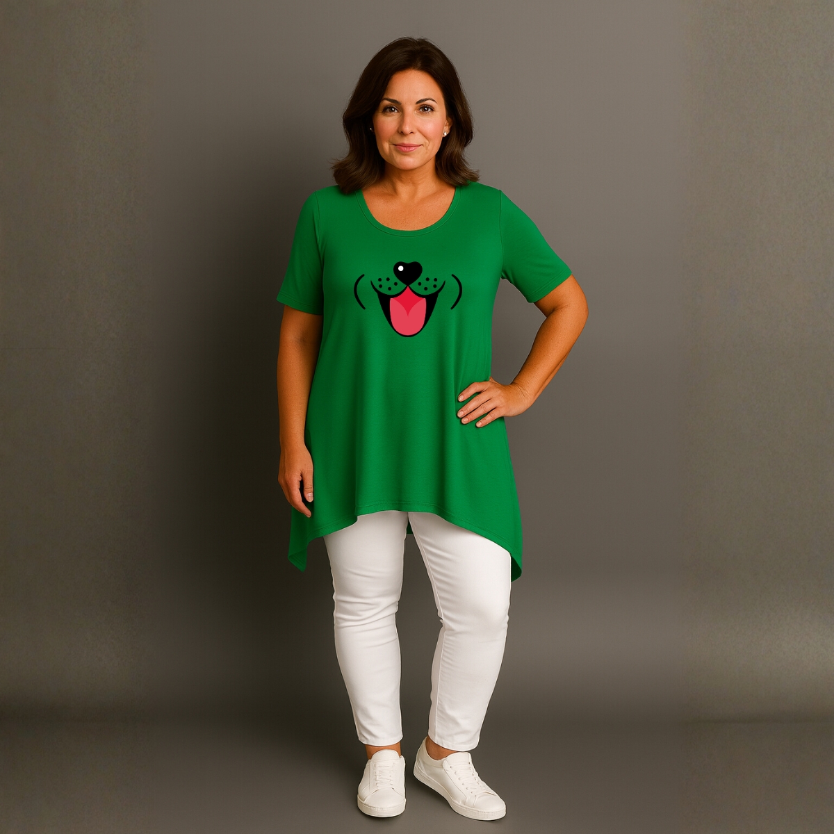 Fun Dog Face Long Length Hanky Hem Swing Top