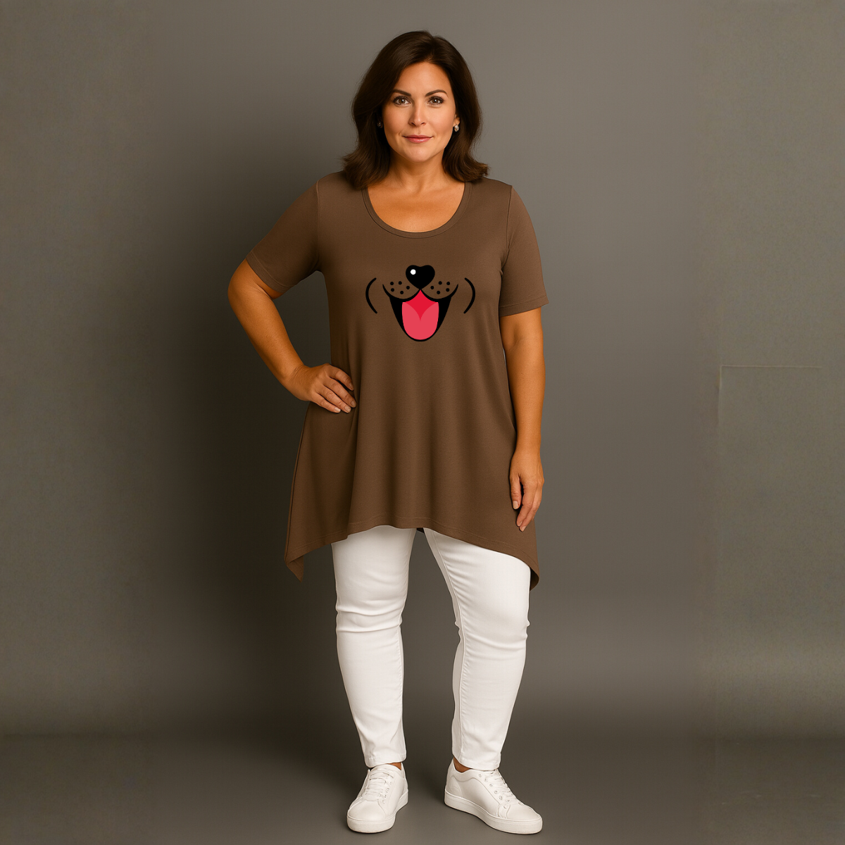 Fun Dog Face Long Length Hanky Hem Swing Top