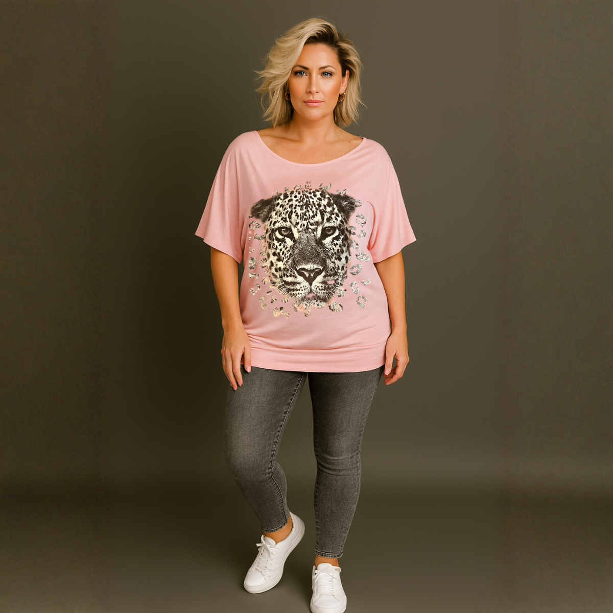 Batwing Oversized Off-Shoulder Sparkly Leopard Print Top