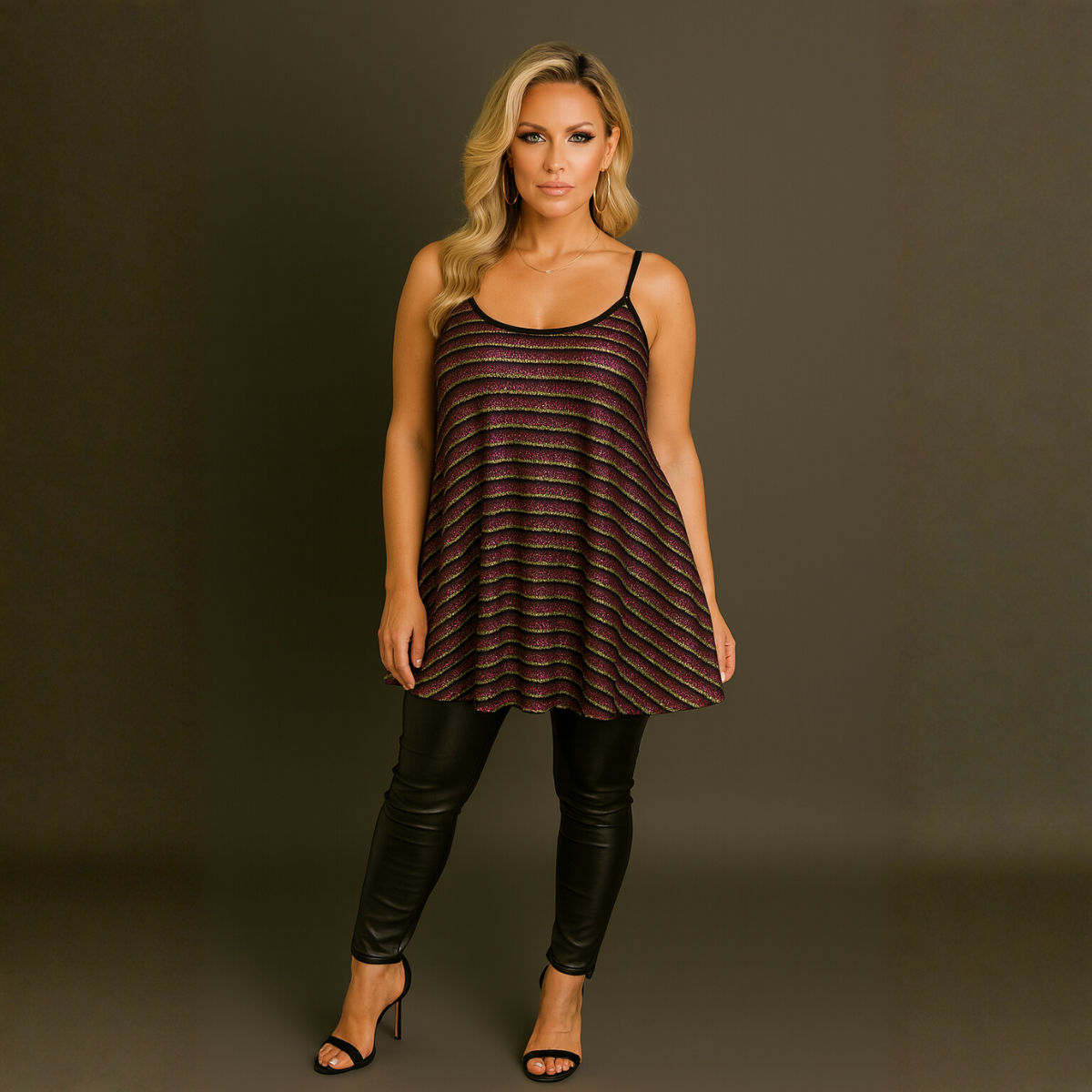 Sparkly Striped Strappy Long Length Swing Top