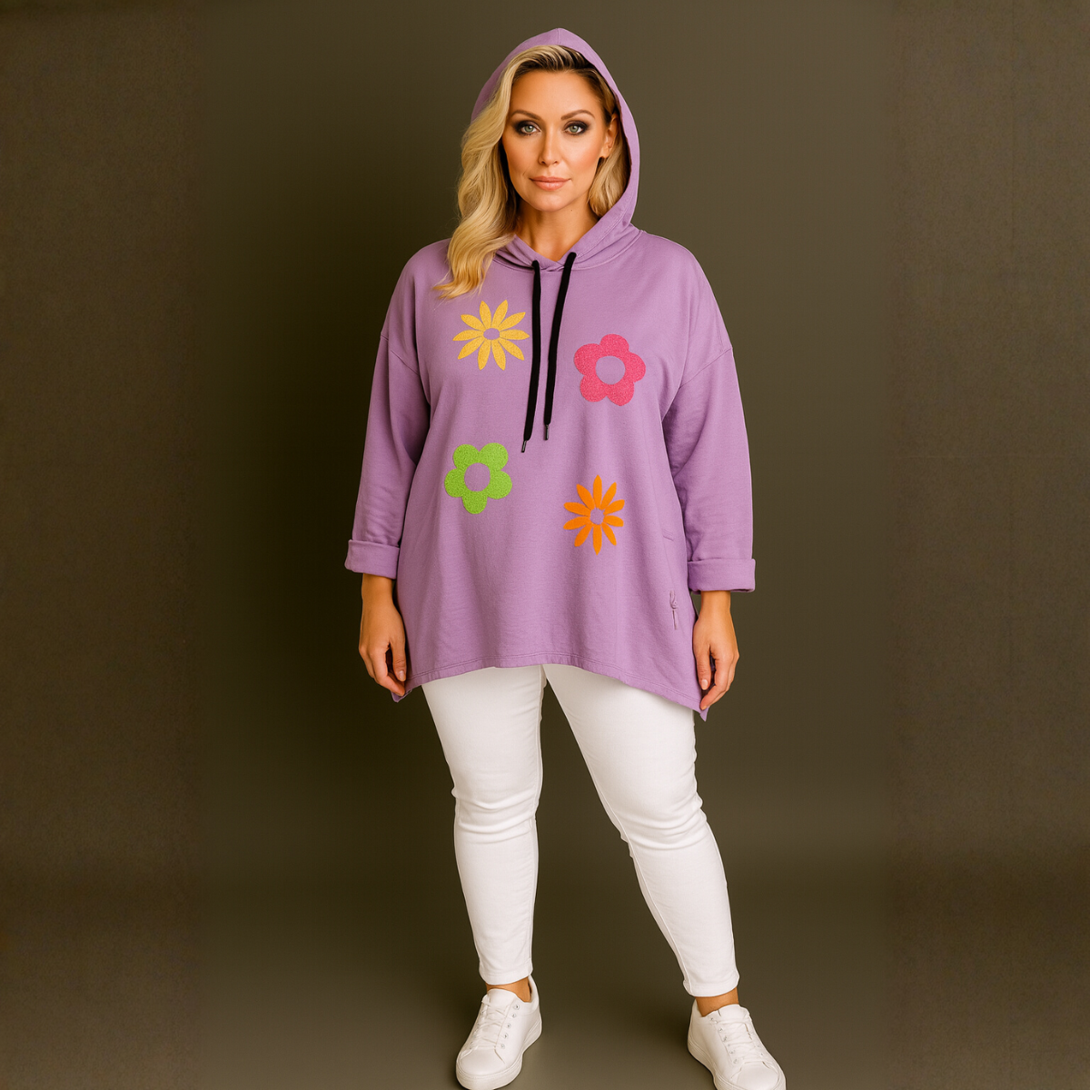 Bright Flowers to Front Long Length Hoodie
