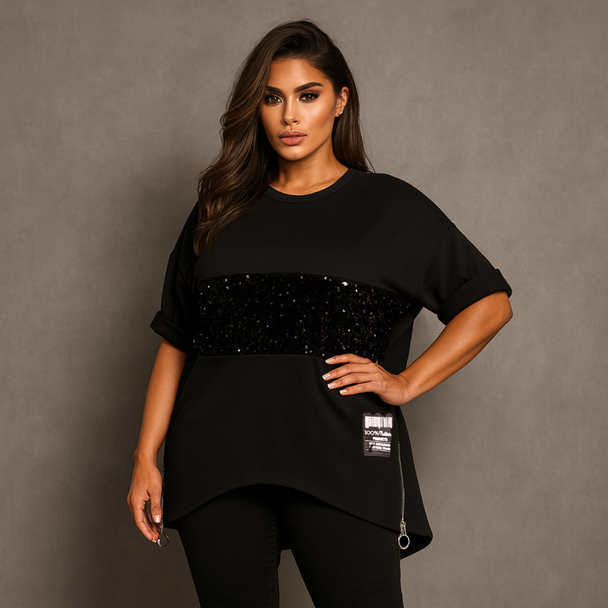 Sequin Panel Dipped Hem Sweatshirt