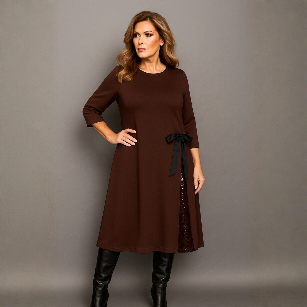 Sequin Panel A-line Dress with Bow