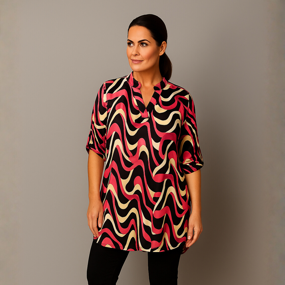 Abstract V‑Neck Long Dipped Hem Top with Button Sleeves