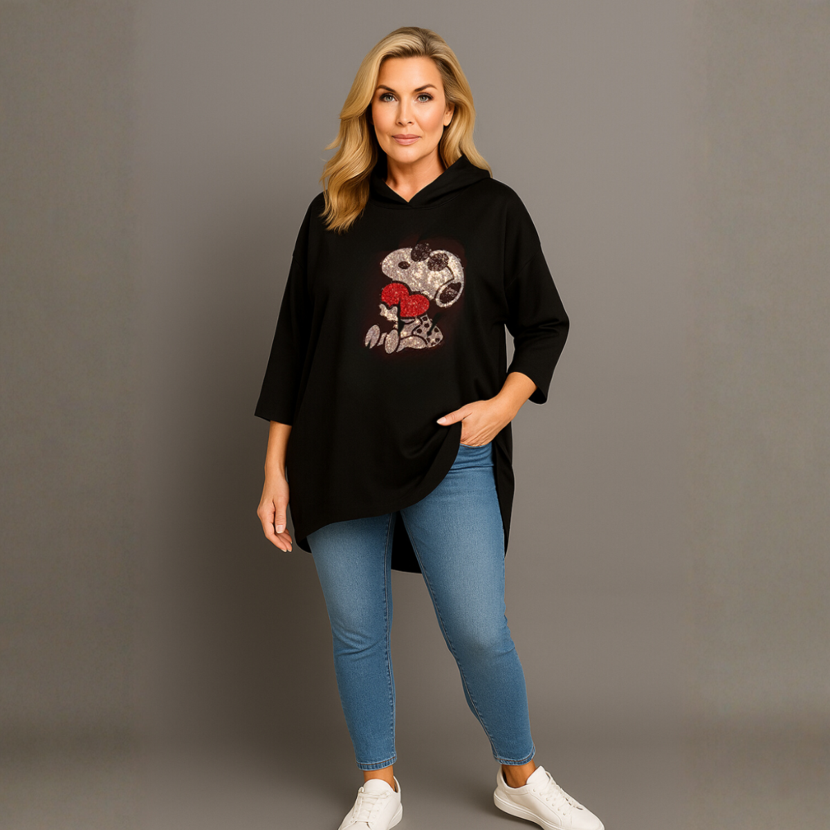 Black Studded Long Dipped Hem Hoodie