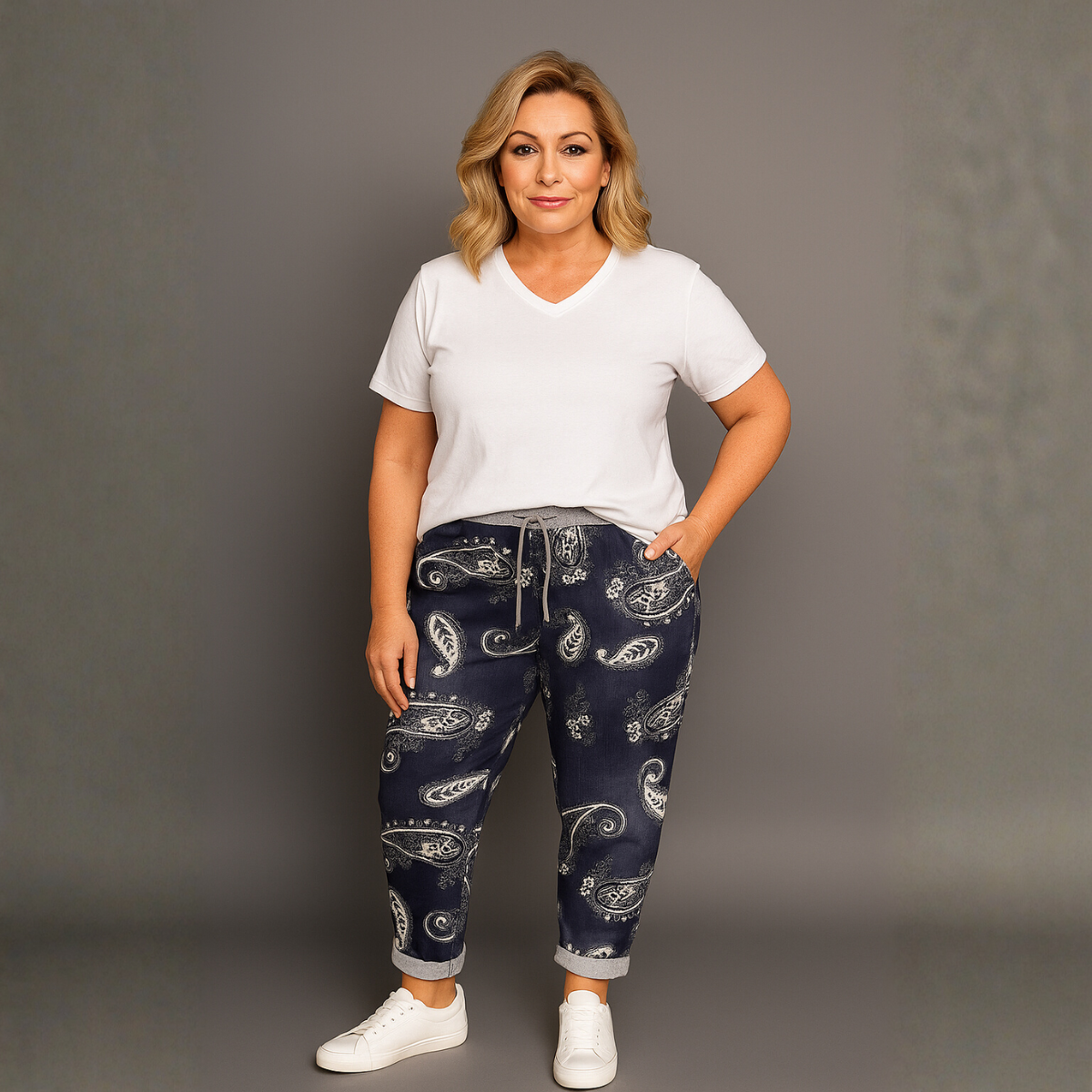 Blue Paisley Joggers with Side Pockets