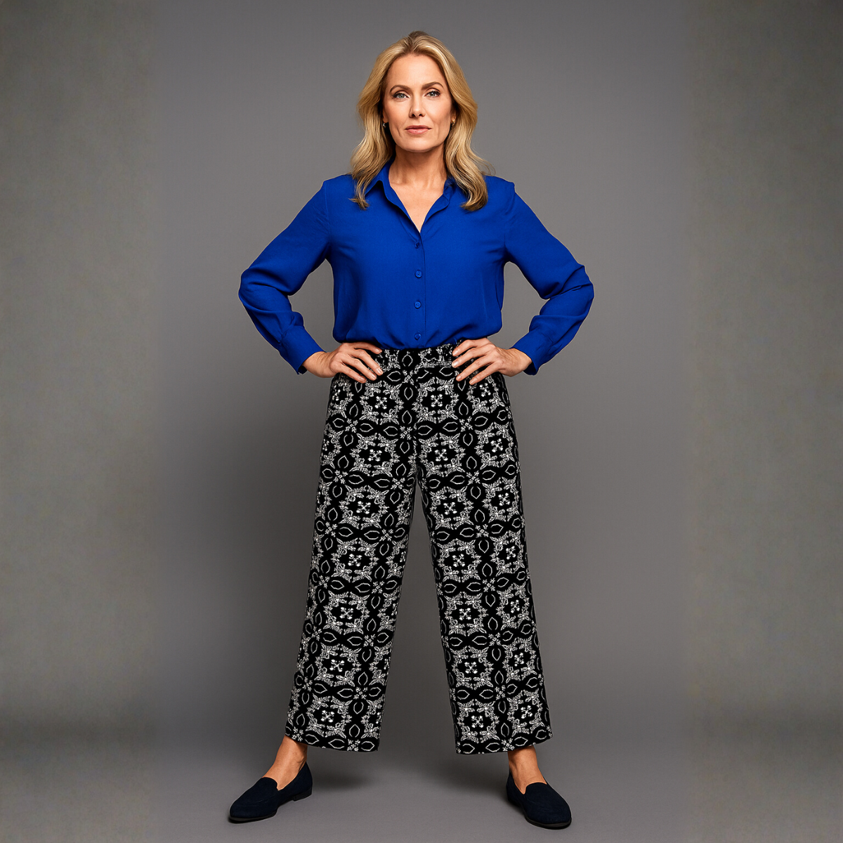 Black Blue Tile Print Elastic Waist Palazzo Trousers