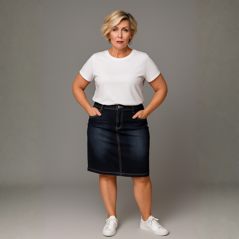 Dark Blue Denim Skirt with Studded Butterfly Pockets