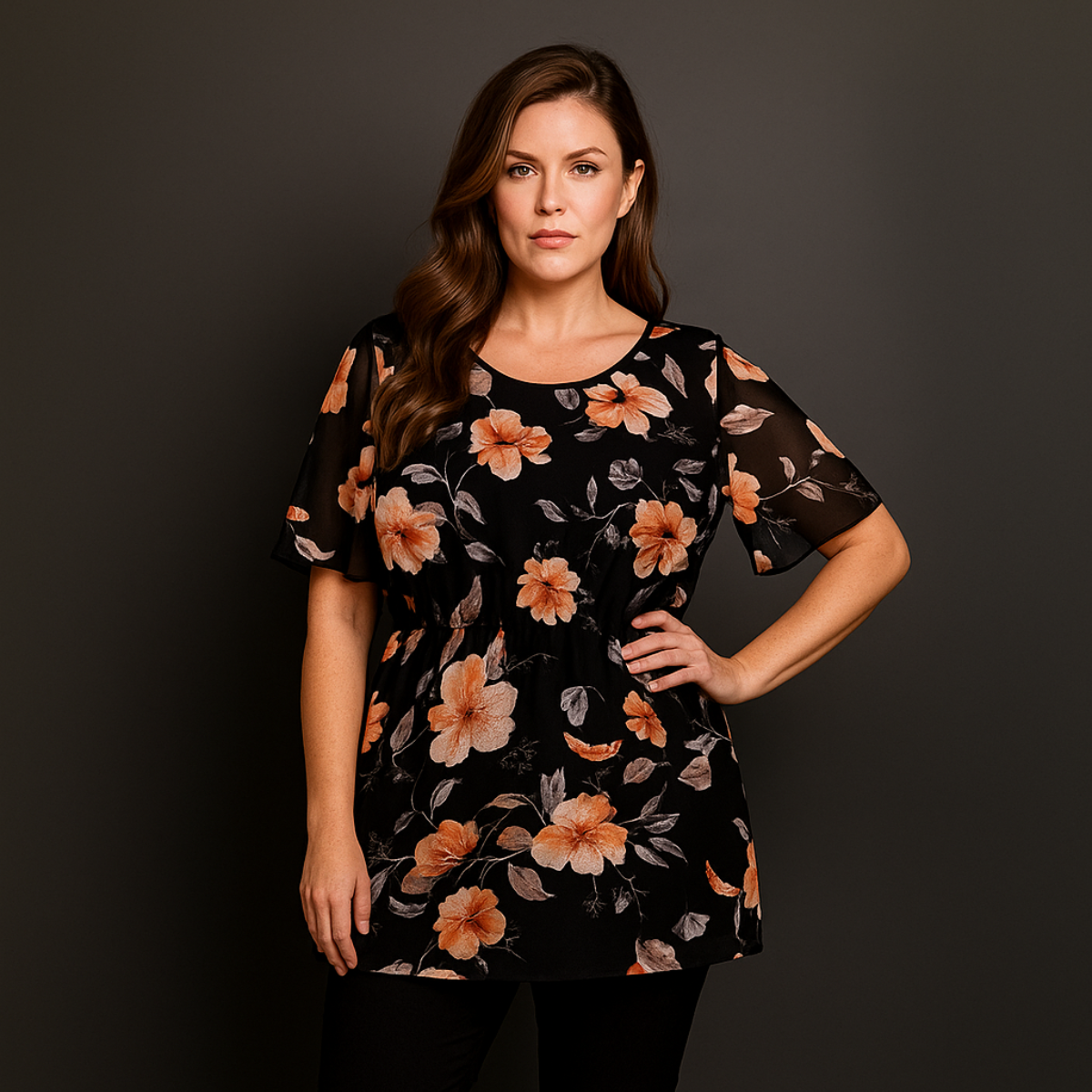 Black Peach Chiffon Elasticated Waist Lined Blouse