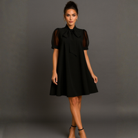 Black Swing Dress with Neck Tie and short Puff Sleeves