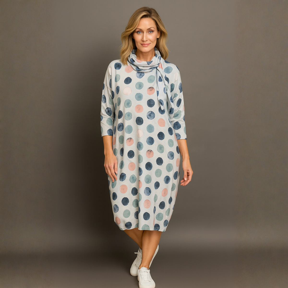 Blue with Multi spots Batwing dress with neck scarf