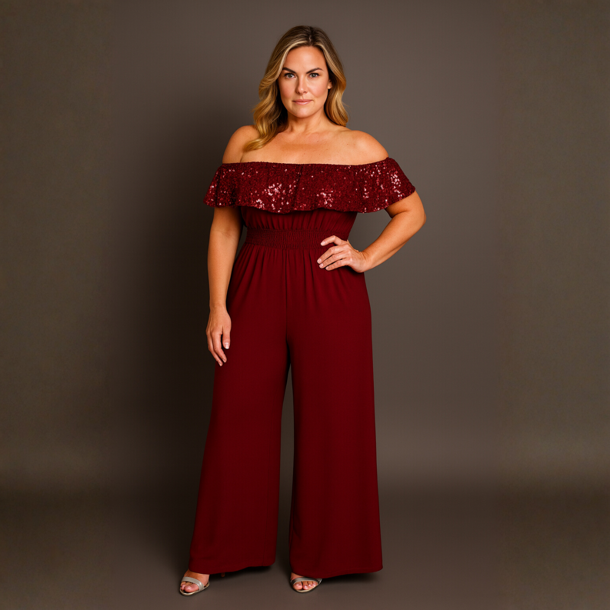 Sequin Frill Bardot Jumpsuit with Side Pockets