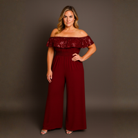 Sequin Frill Bardot Jumpsuit with Side Pockets