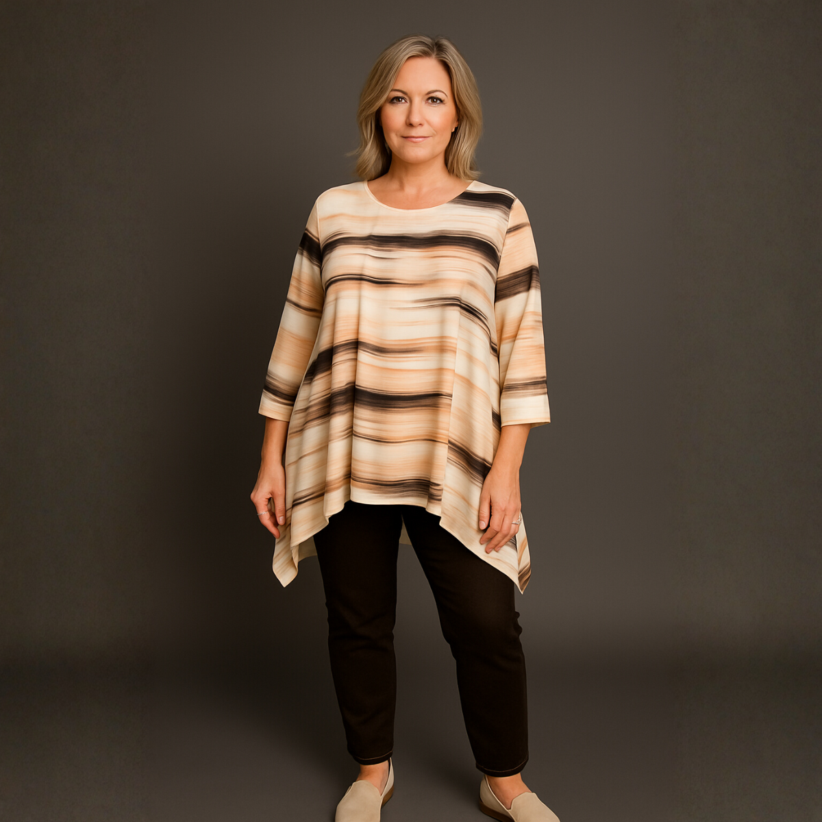 Cream Brown Hanky Hem 3/4 sleeve blouse