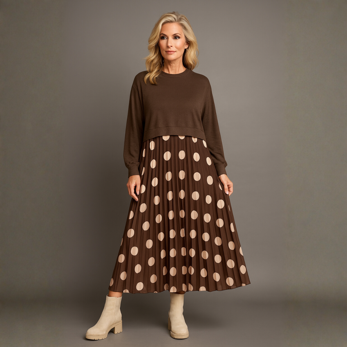 Brown with Cream Spots Pleated Dress