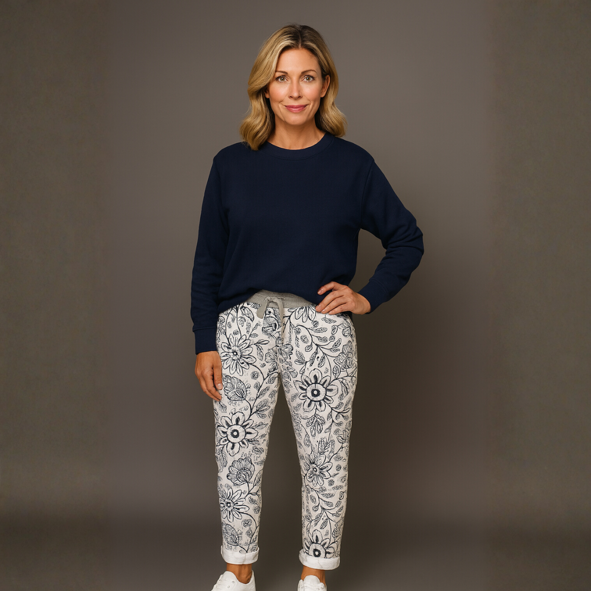 White Navy Floral Print Joggers