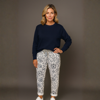 White Navy Floral Print Joggers