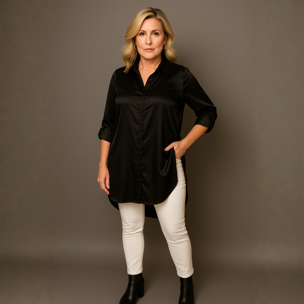 Dipped Hem Satin Shirt with 3/4 button Tab Sleeves