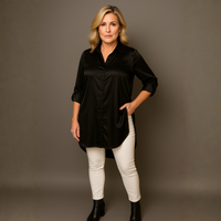 Dipped Hem Satin Shirt with 3/4 button Tab Sleeves