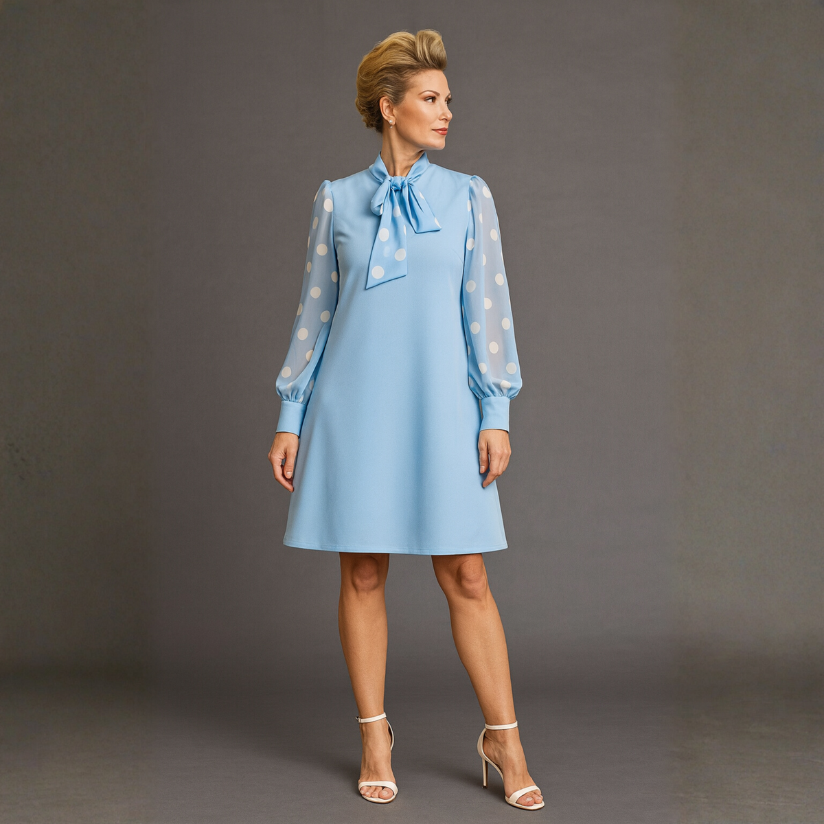 Swing Dress with Neck Tie and Chiffon Polka Dot Sleeves