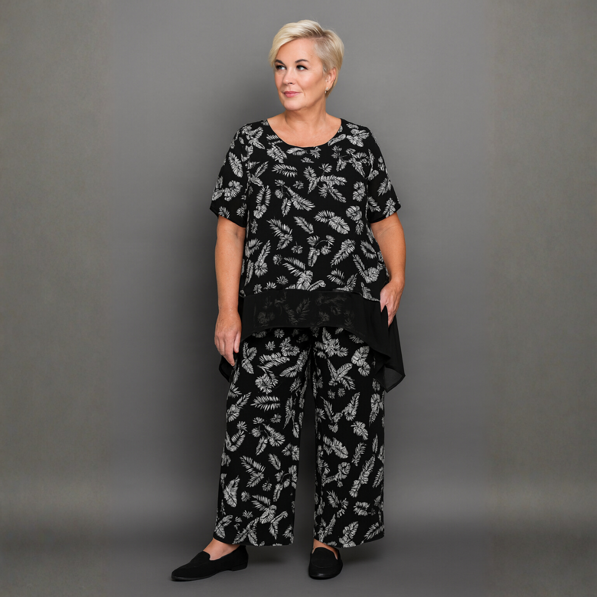 Black White Leaves Two Piece Outfit Set