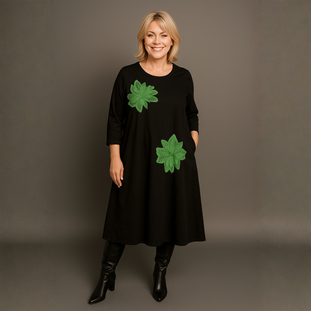Black Cotton Dress with Appliqué Flowers & Pockets
