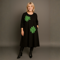 Black Cotton Dress with Appliqué Flowers & Pockets