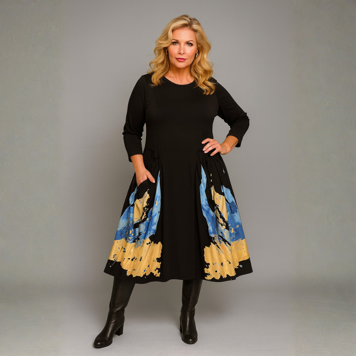 Black Paint Splash Dress with Drawstring Pocket