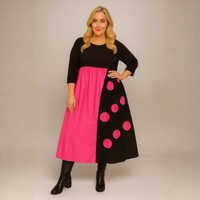 Black Cotton Dress with Fuchsia Spots + Frills