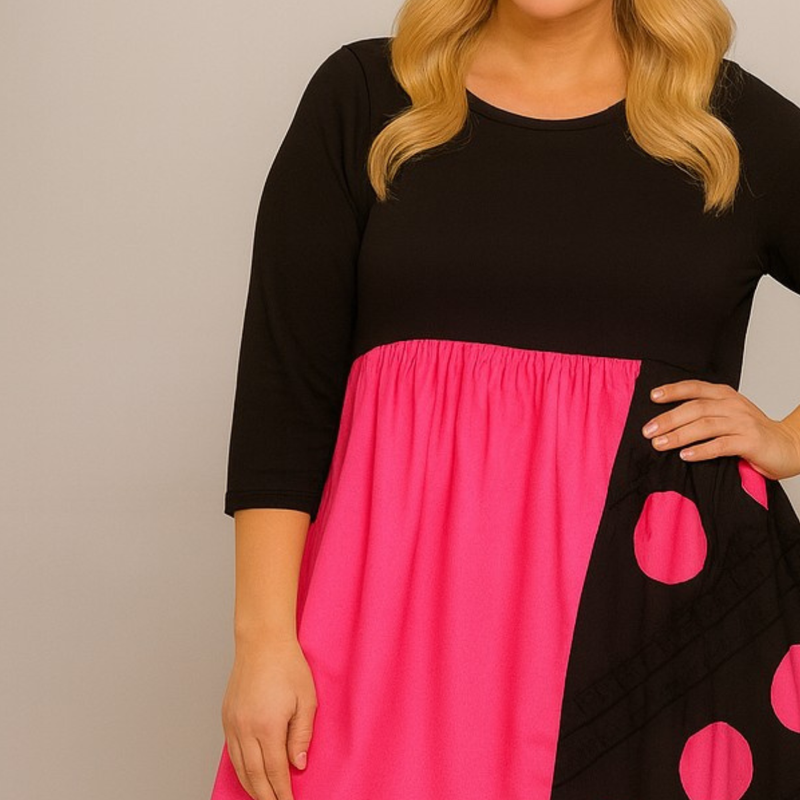 Black Cotton Dress with Fuchsia Spots + Frills