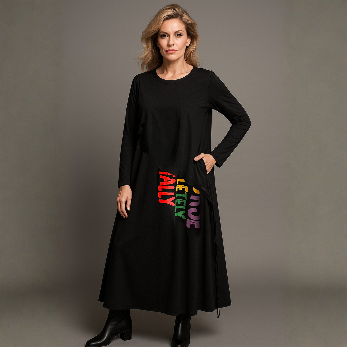 Black Jersey Dress With Cotton Overlay and Bold Writing