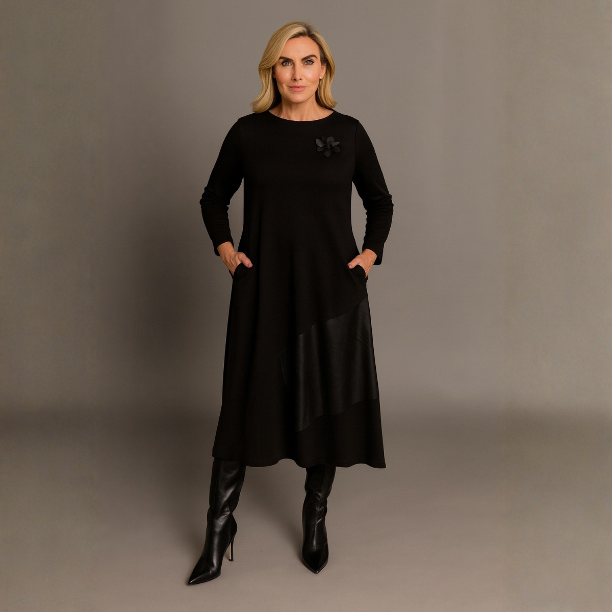 Black Dress with 3D Flower and Faux leather Panel