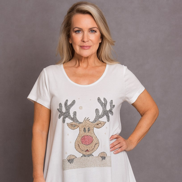 White Studded Reindeer Christmas Hnky Hem Swing Top