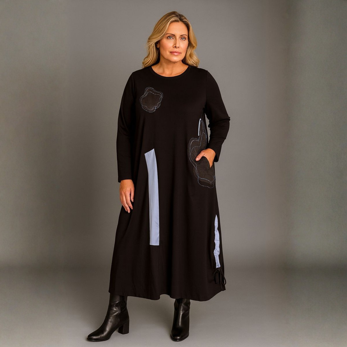 Black Dress with Applique and Drawstring Sides