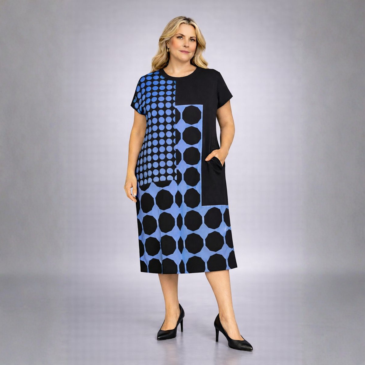 Black Shift Dress with Blue Spots and Side Pockets